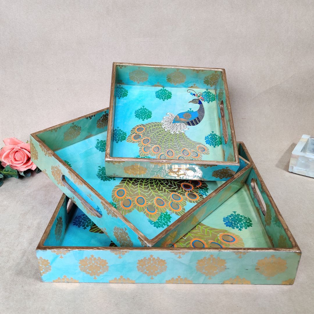 Square Tray Set Of 3 - Green Peacock