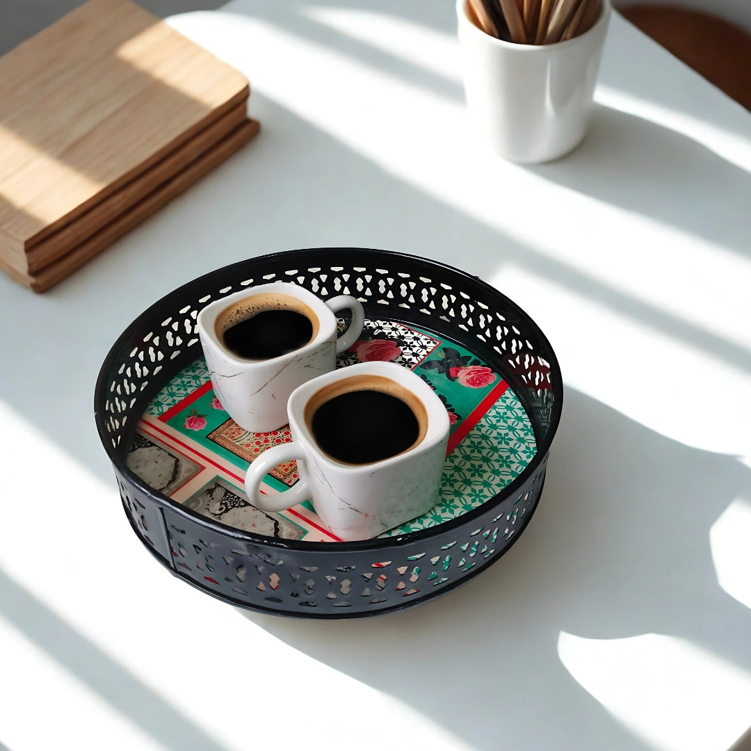 Metal Round Tray - Green Mughal Print  Small