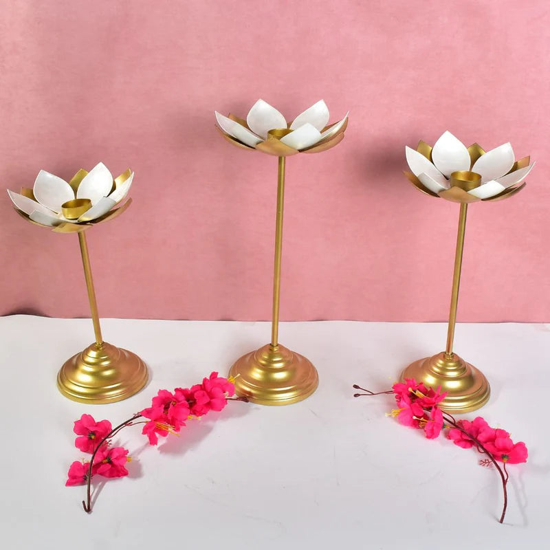 White Enamel Lotus Stick Set Of 3