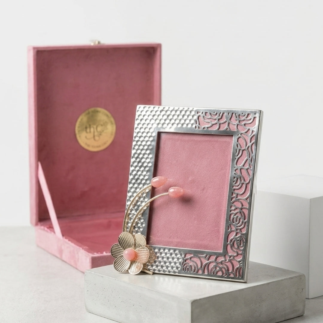 Silver Plated Hammered Photo Frame with Lotus Bud Accent | Premium Luxury Gift Box