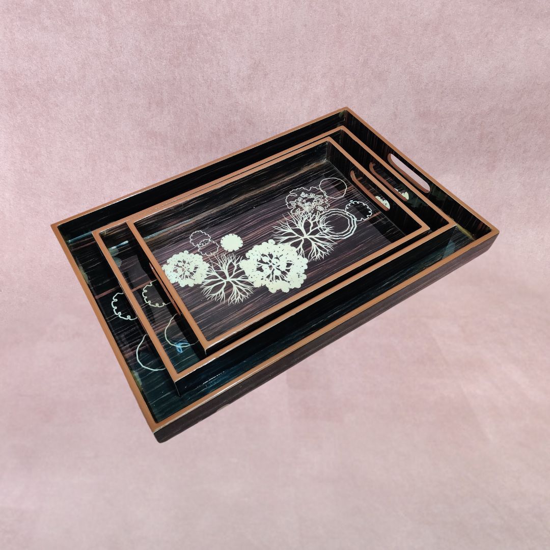 Tray Set Of 3 - Black & Brown Flower