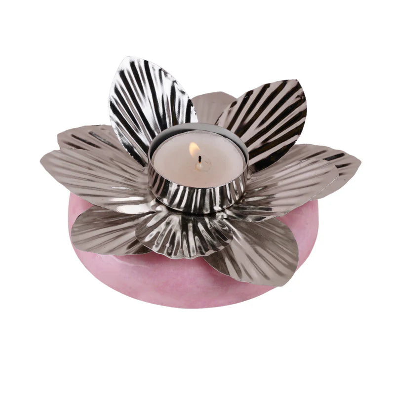 Pink Base With Metal Flower Tea Light Holder