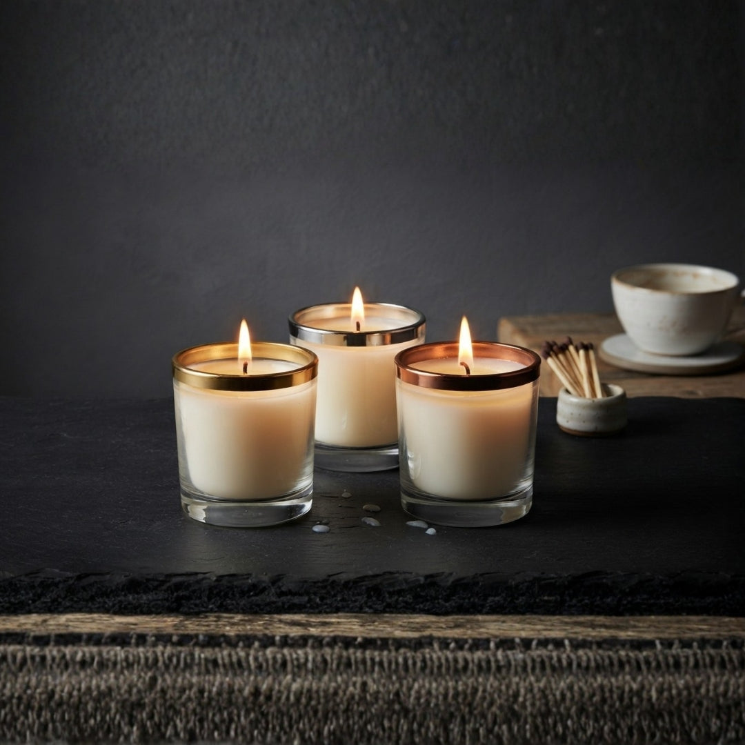 Set of 3 Glass Votive Scented Candles with Gold, Silver, and Copper Metallic Rims