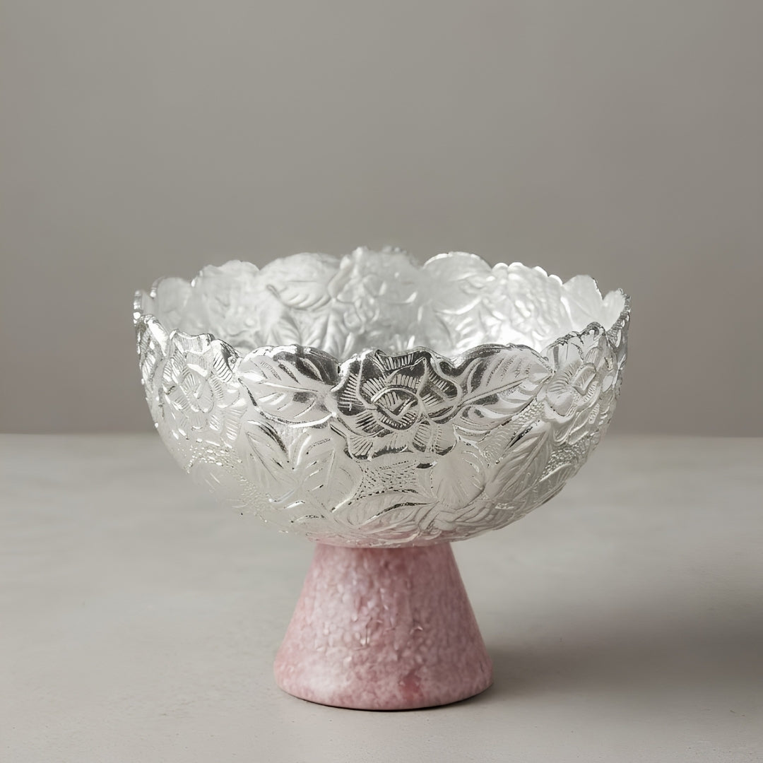 Purple Velvet Gift Box with Ornate Silver Decorative Bowl