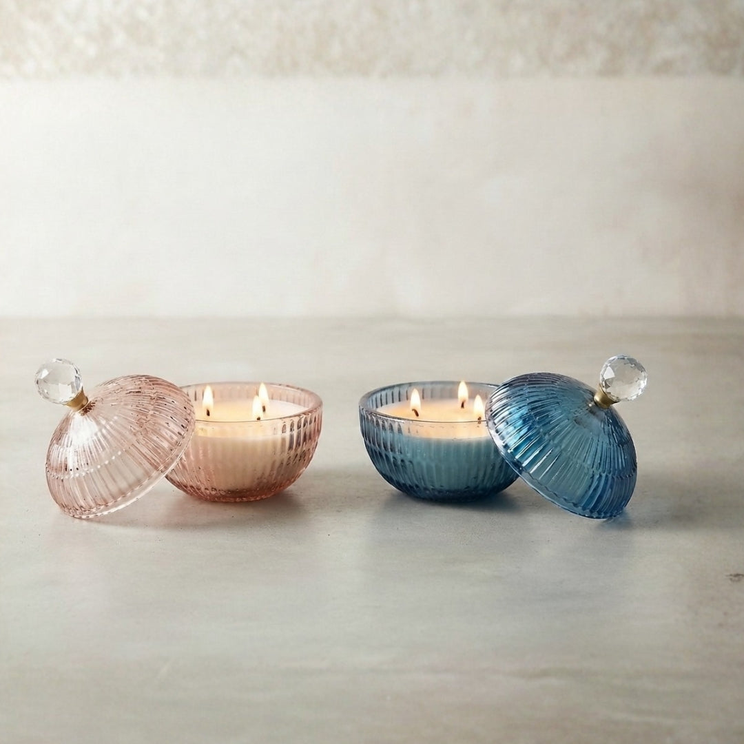 Set of 2 Small Pink & Blue Glass Ball-Shaped Scented Candles
