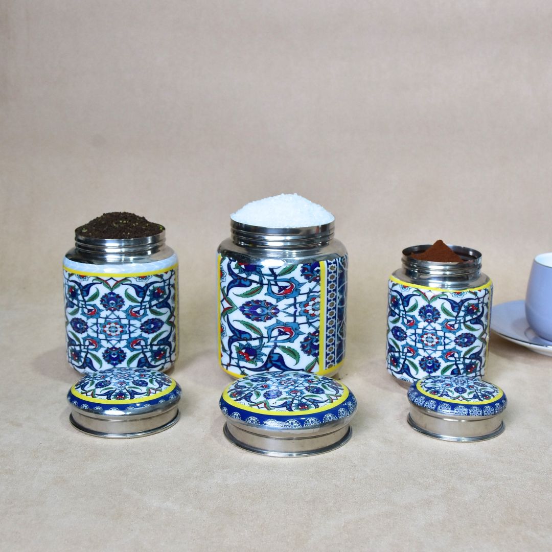 Stainless Steel Blue Abstract Printed Enamel Jar Set Of 3