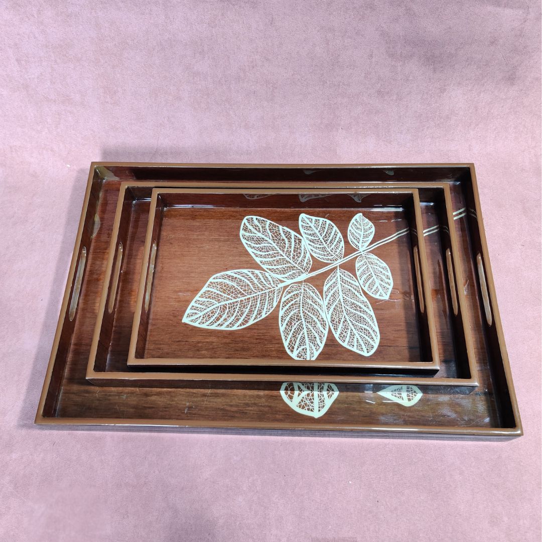 Set Of 3 Tray - Brown Leaf