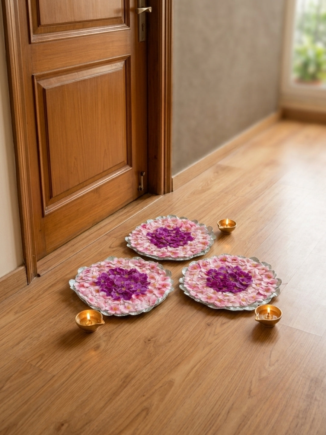 Handmade Pink & Purple Floral Puja Asan Mat / rangolis Set of 3