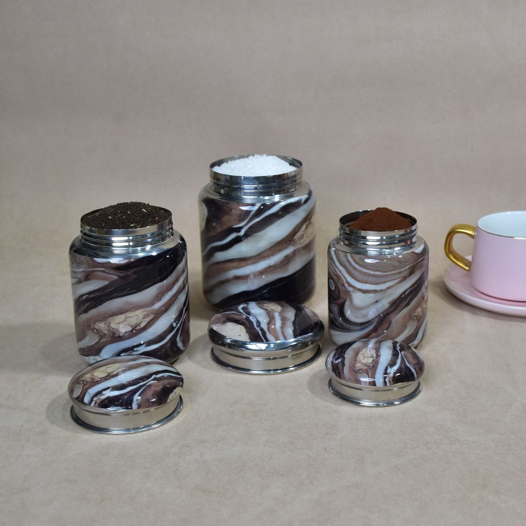 Brown Marble  Jar Set Of 3