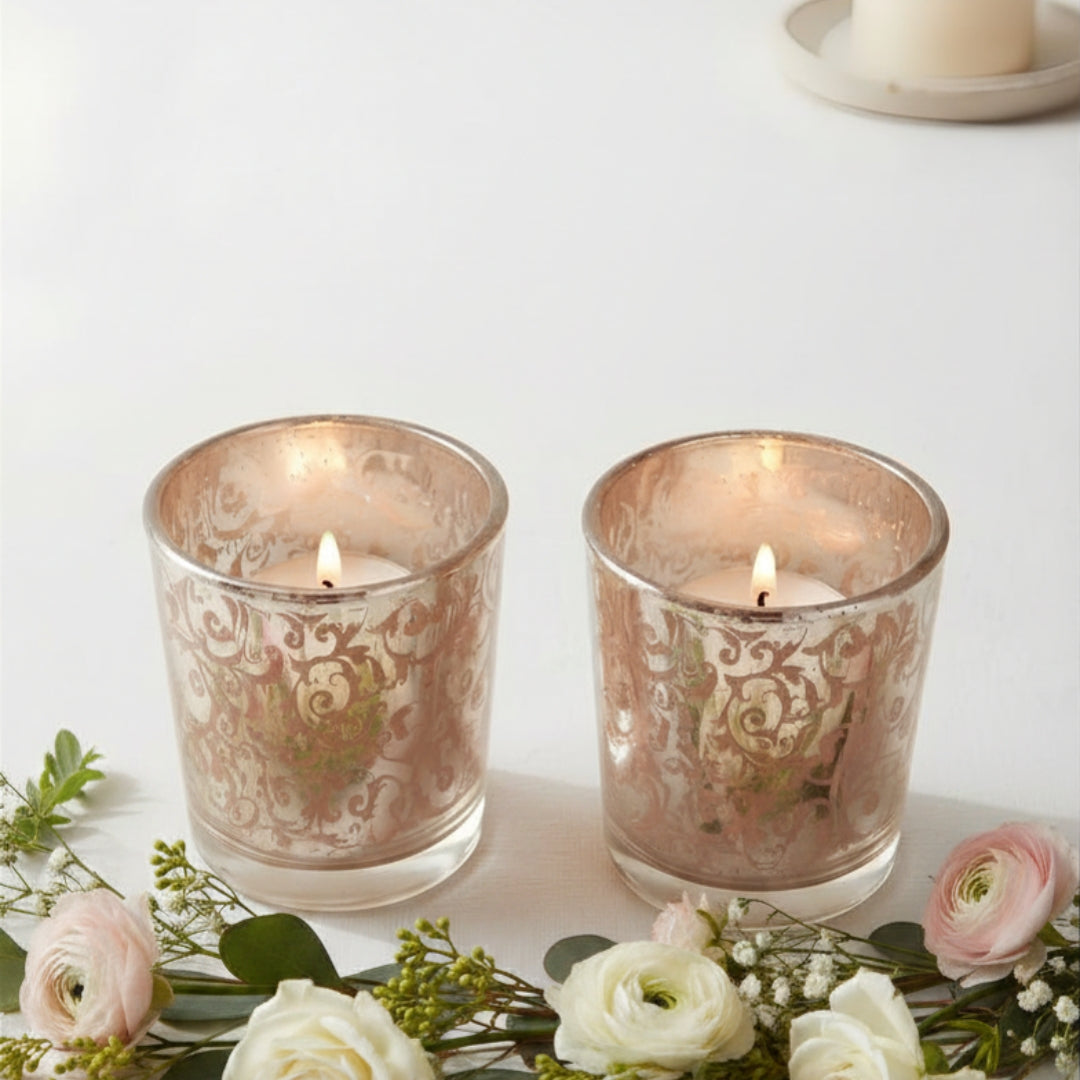 Etched Orange Glass Votive Candle Holders - Elegant Small Set of 2