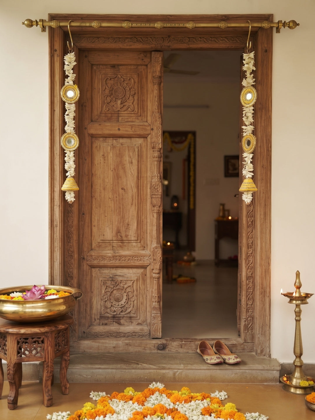 Artificial White gajra with yellow cone and mirror sidehanging set of 2