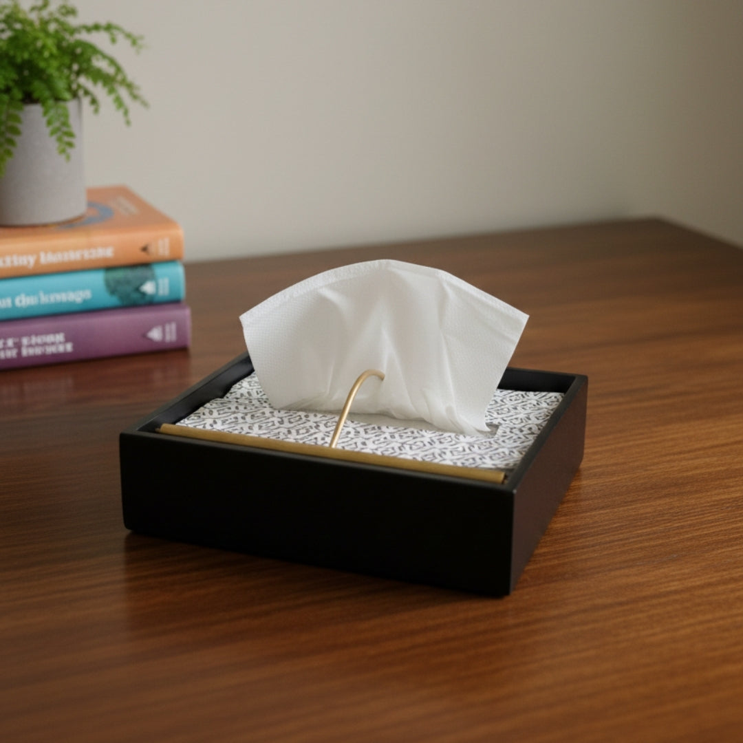 Square tissueholder - Wooden black mosaic Design Print & Enamel with deco paint