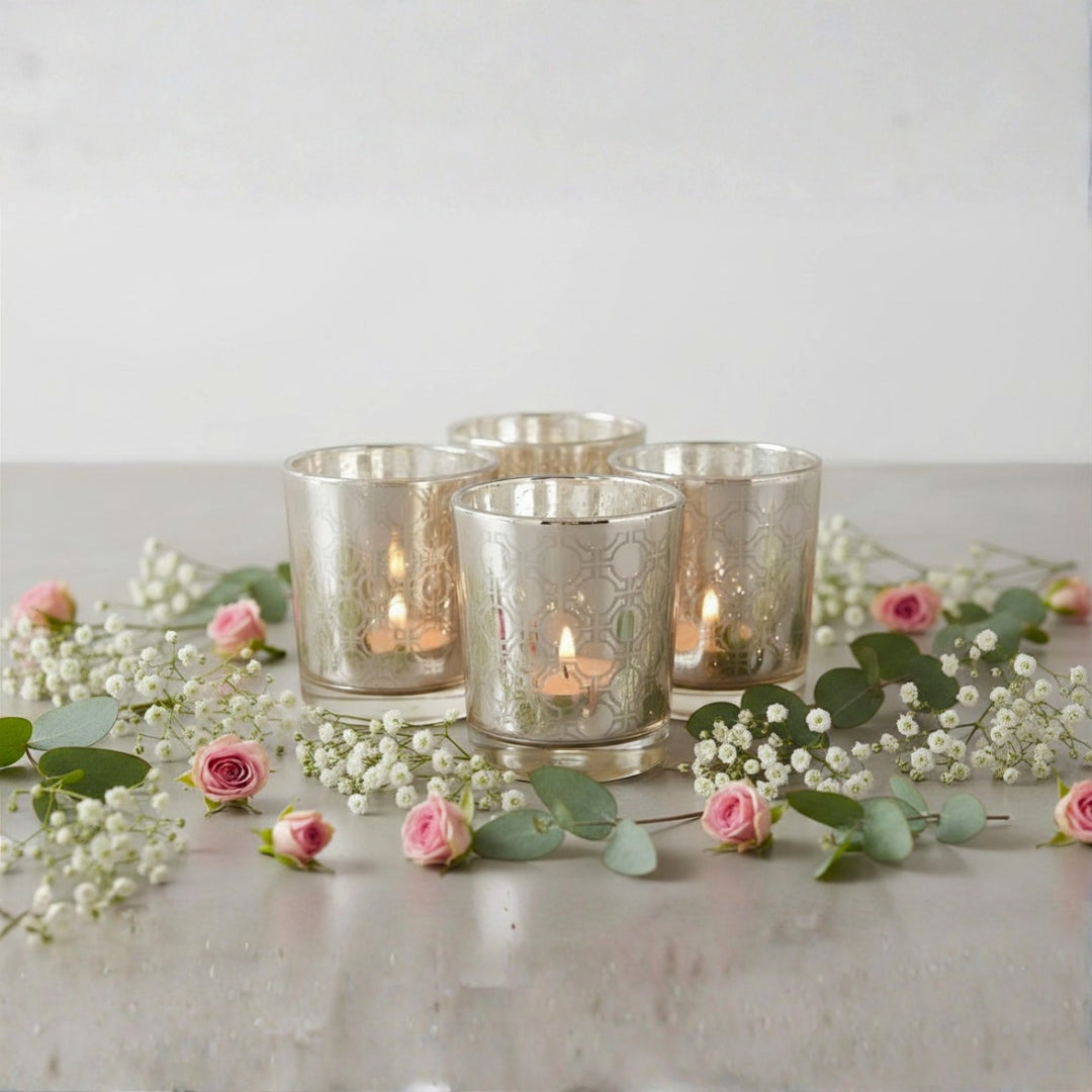 Etched MOsiac Silver Glass Votive Candle Holders - Elegant Small Set of 4