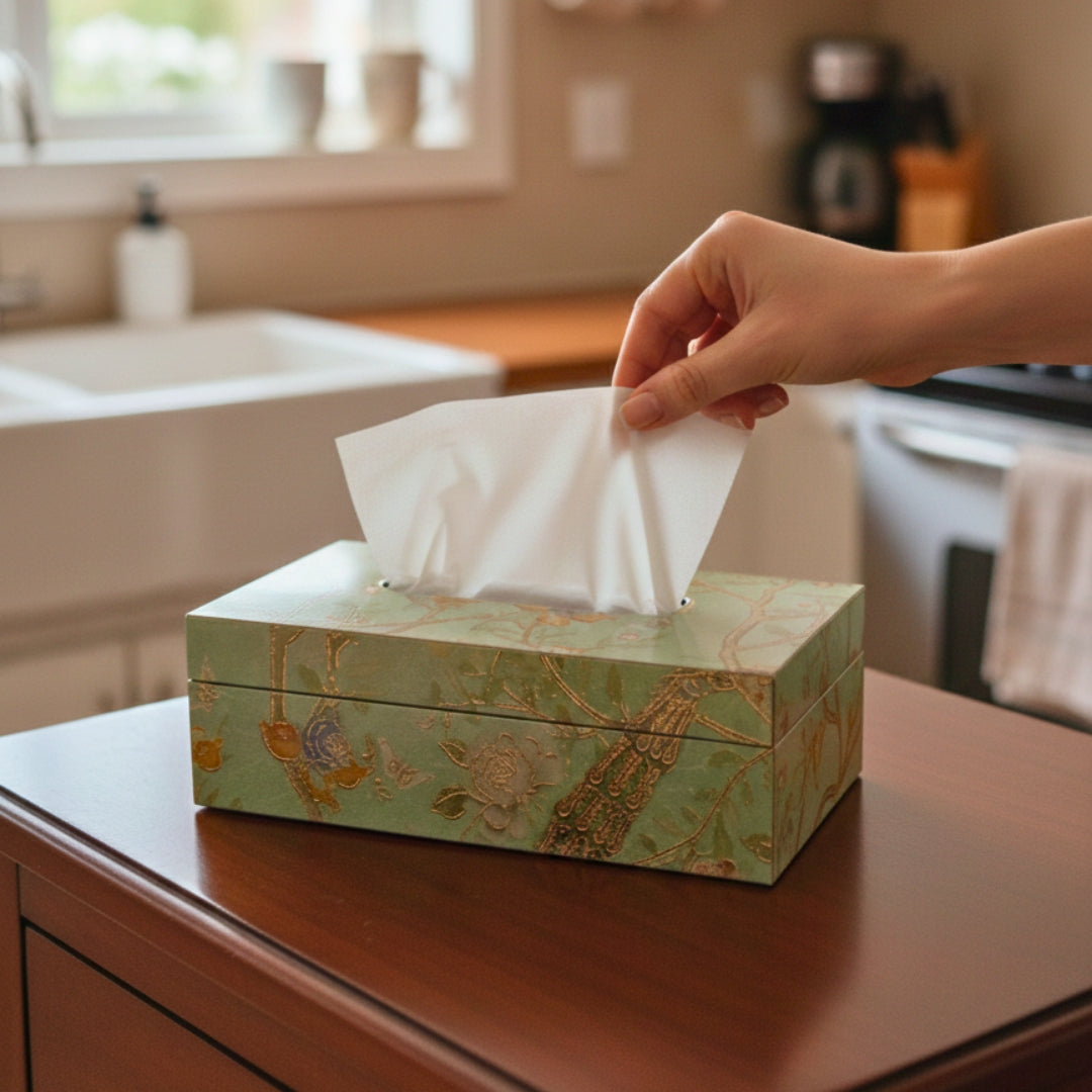 wooden print & enamel green peacock & bird Tissuebox