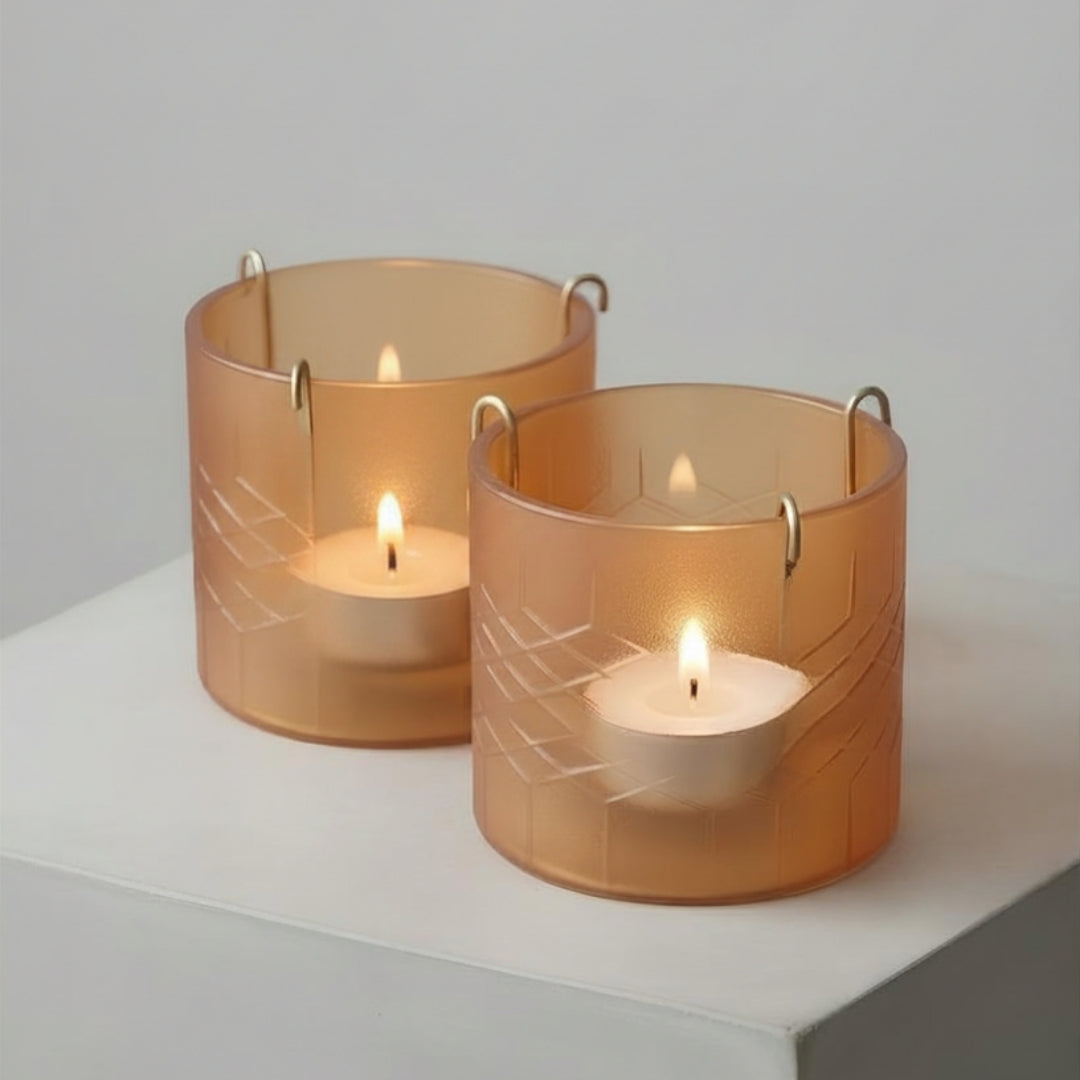 Set of 2 peach Glass Votives with Internal Metal Tea Light Holders