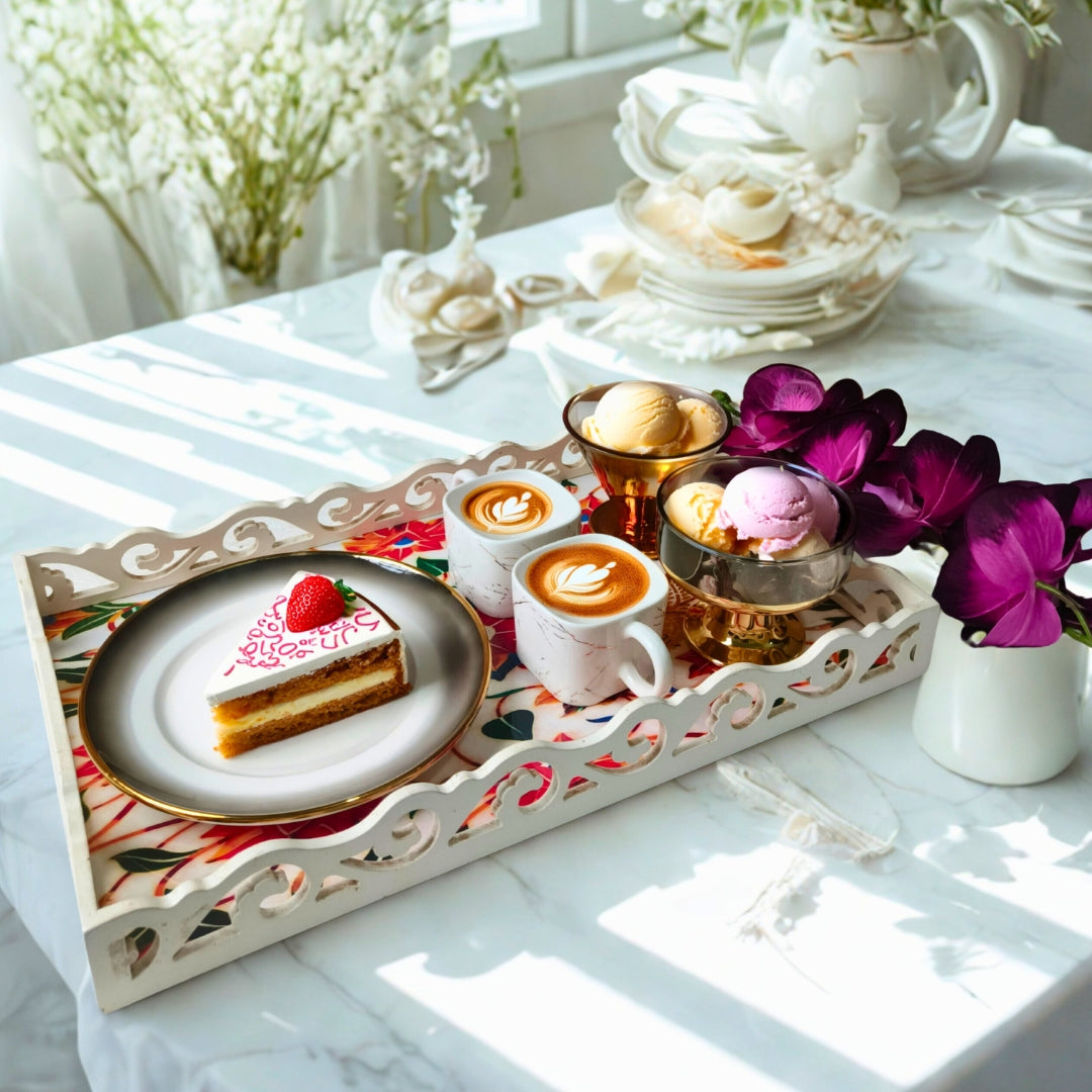 White Orange Flower Cutwork Wooden Tray Small