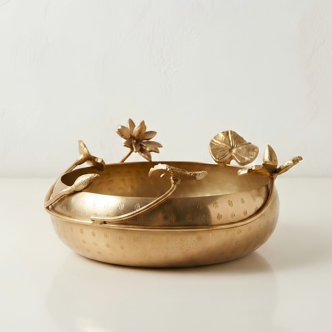 Decorative Brass Lotus Floating Bowl with Flowers