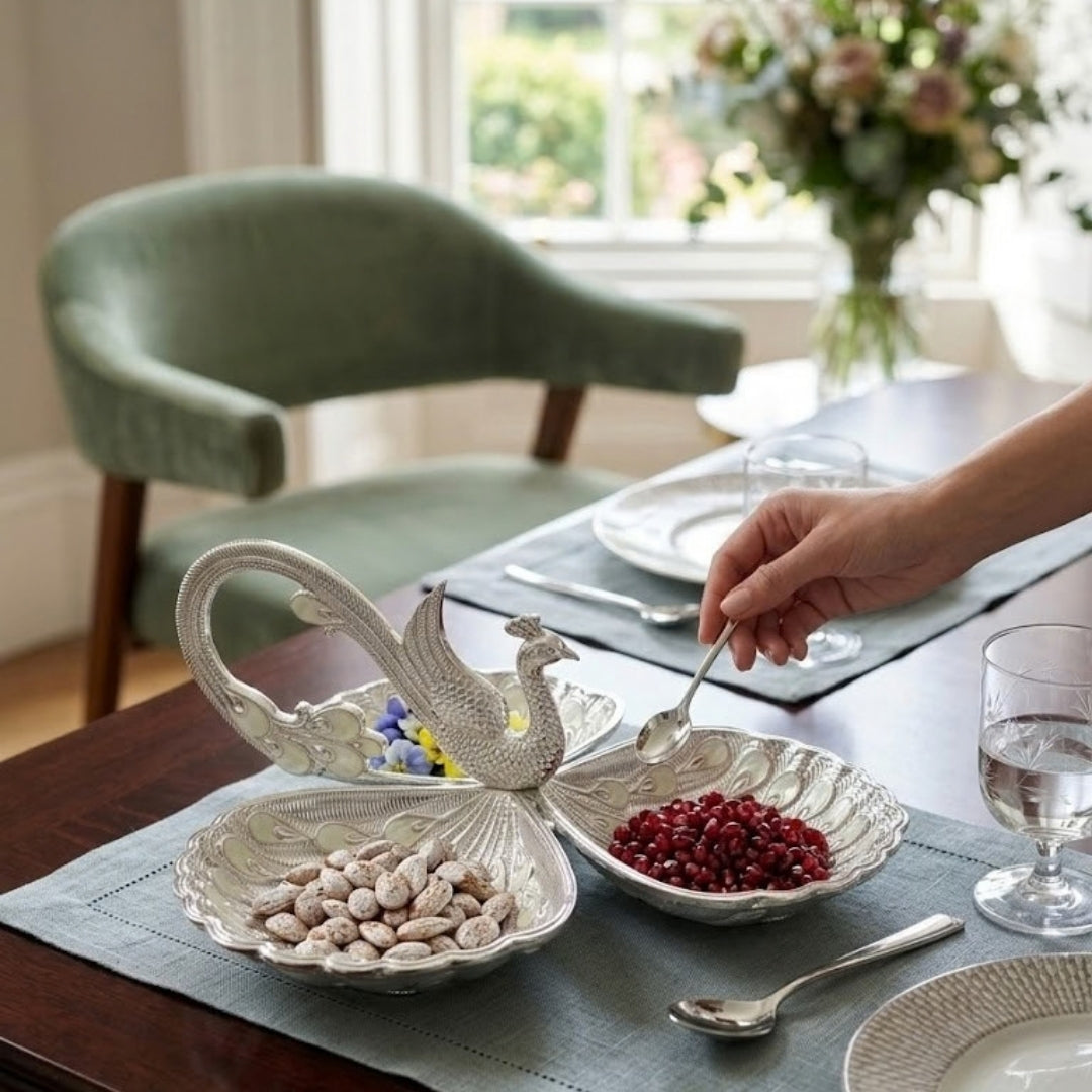 Decorative Silver Plated Peacock 3 Compartment Serving Tray