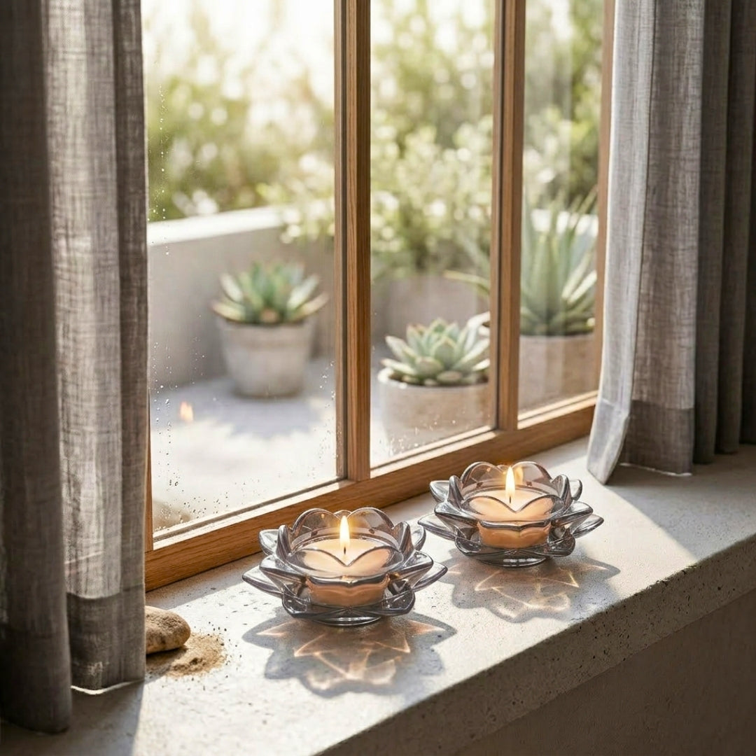 Grey Glass Lotus Candle Holder - Scented Wax Tealight Set (Set of 2)