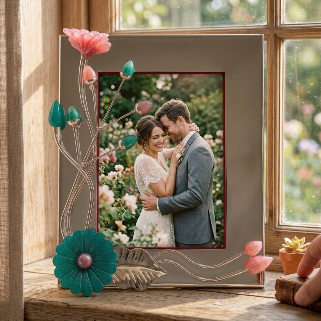 Silver-Plated Photo Frame with Pink & Teal Resin Floral Accents