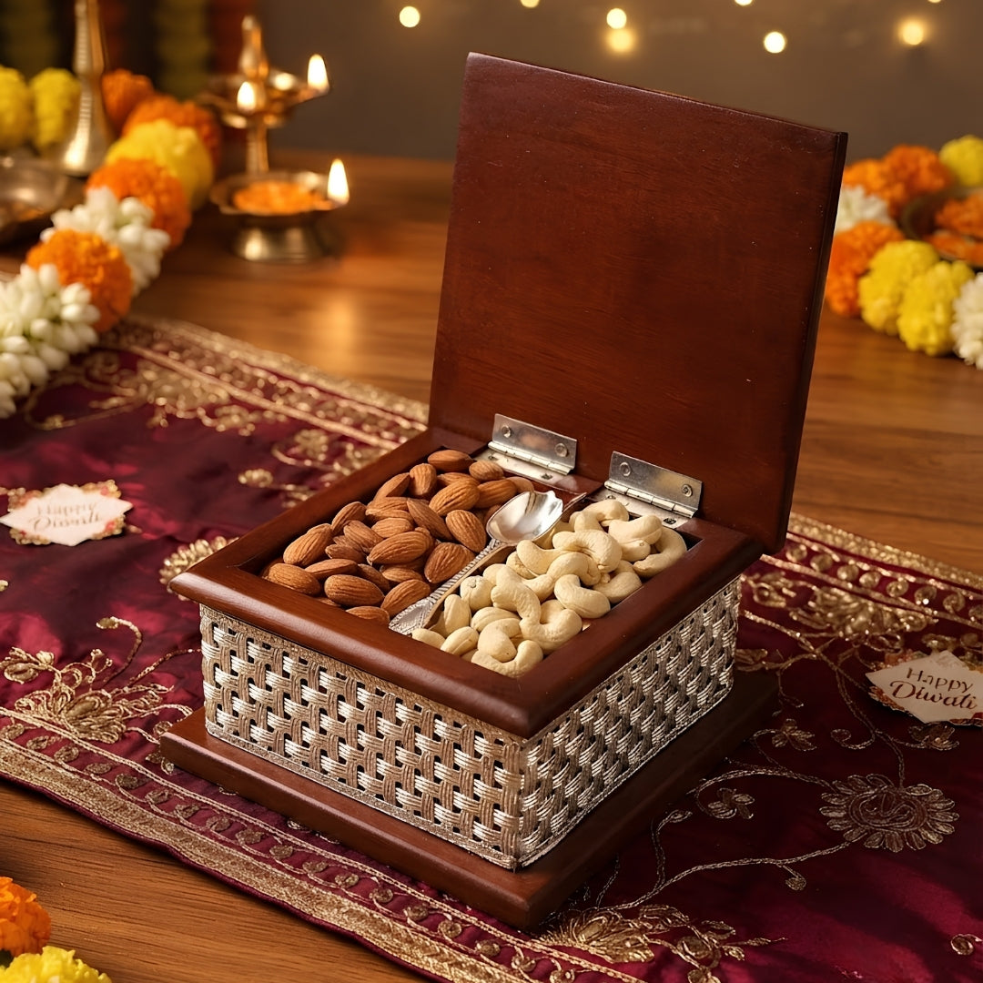 Small Wooden Silver-Plated Mithai Box