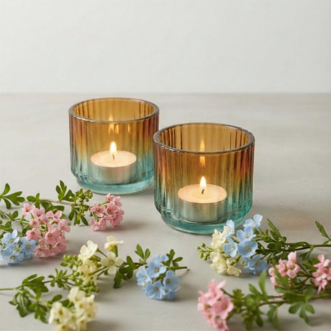 Set of 2 Ribbed Glass Tea Light Holders – Blue & Orange