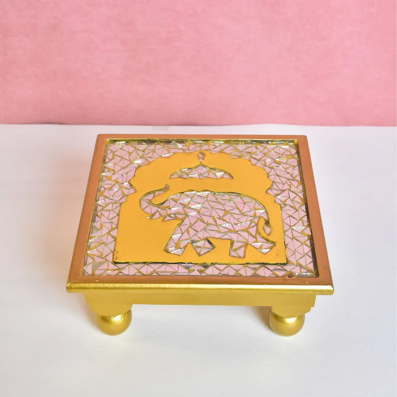 Elephant Design Mosaic Chips Wooden Chowki Small 9"