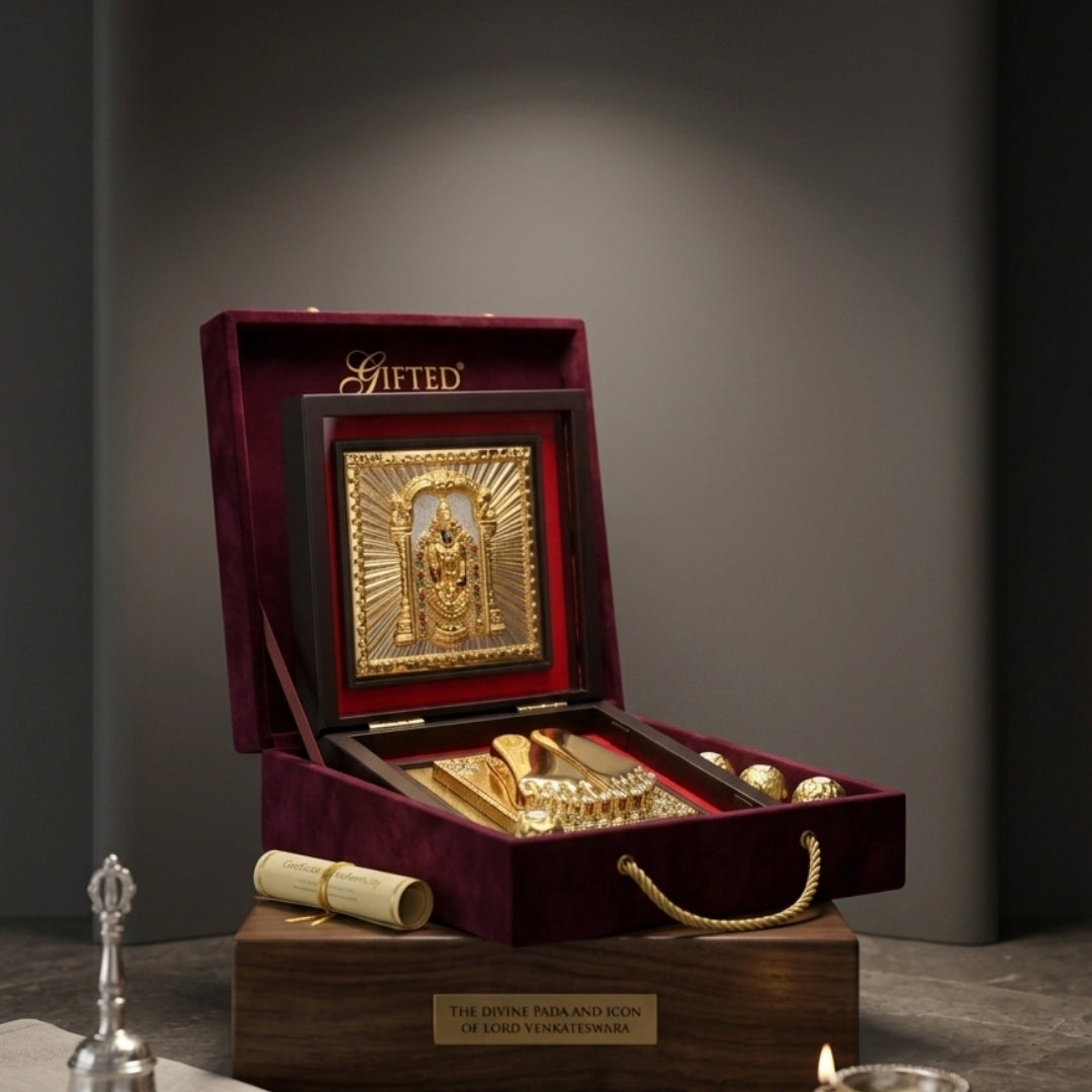 999 Pure Silver & 24k Gold Plated Balaji Charan Paduka Pooja Box  | Tirupati Venkateswara Puja Box