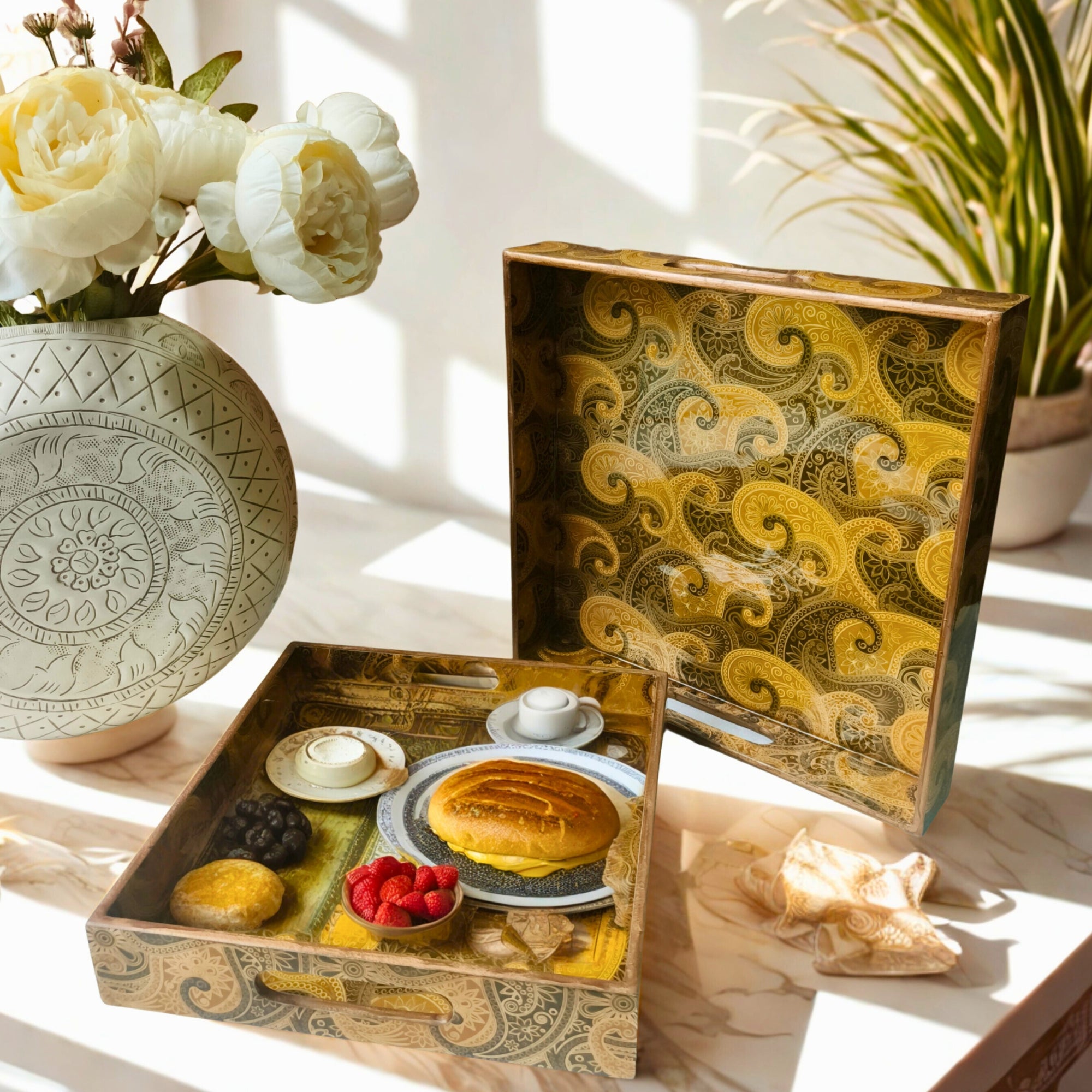 Rectangle wooden Gold Keri Embossy Design Enamel Tray set of 2