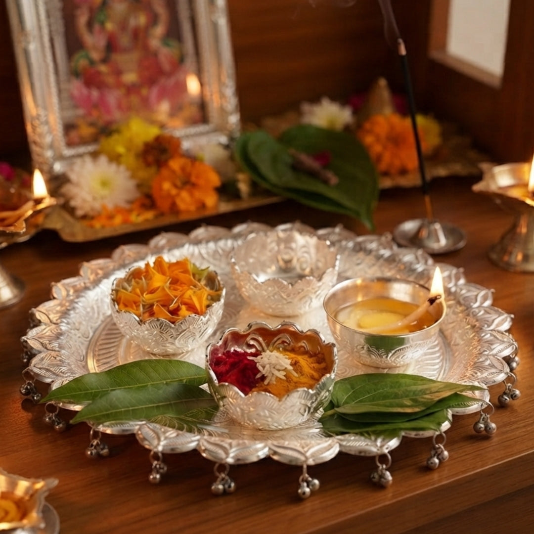 Silver Plated Pooja Thali with Hanging Bells and Three Bowls Set