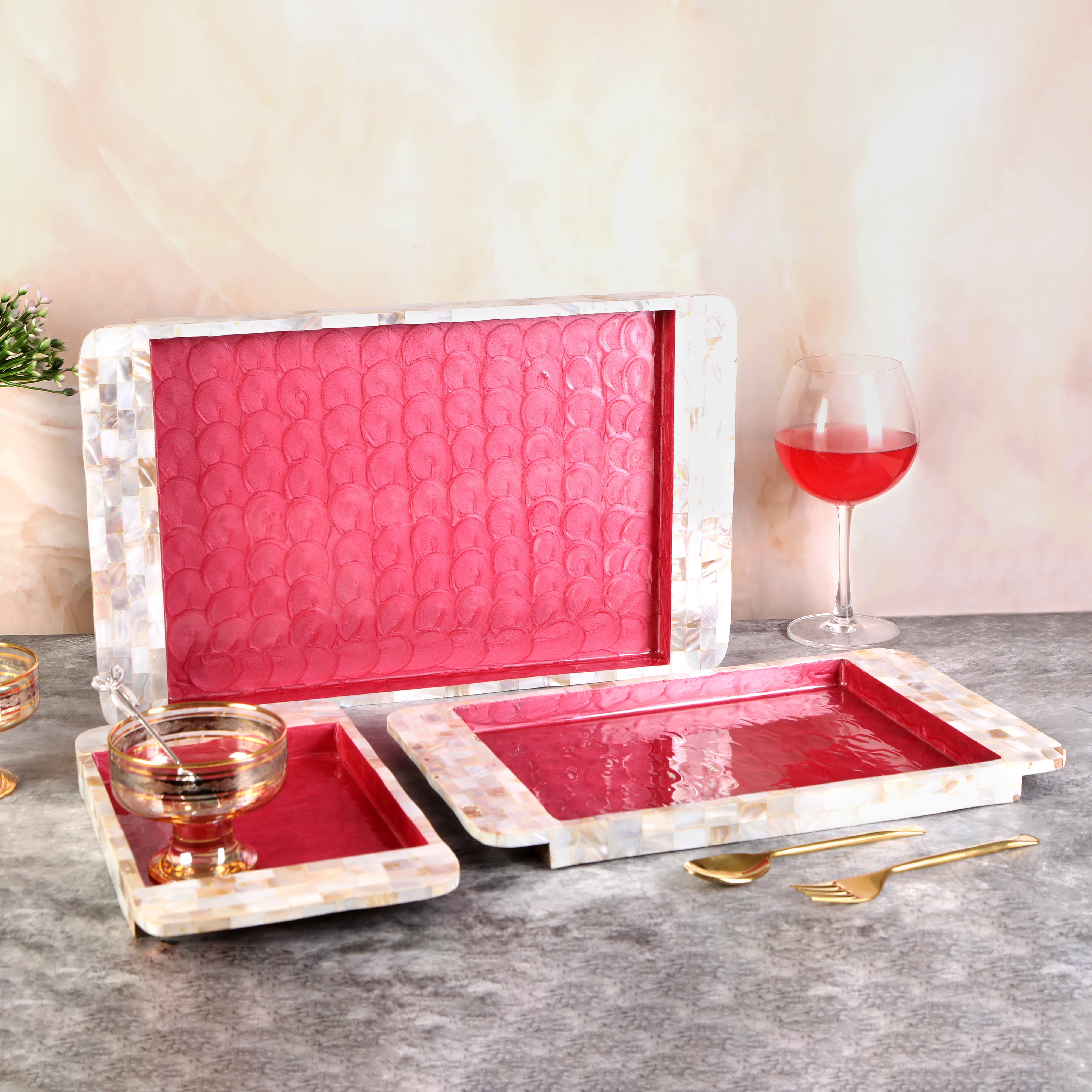Tray Set Of 3 - Dark Pink Mother Of Pearl
