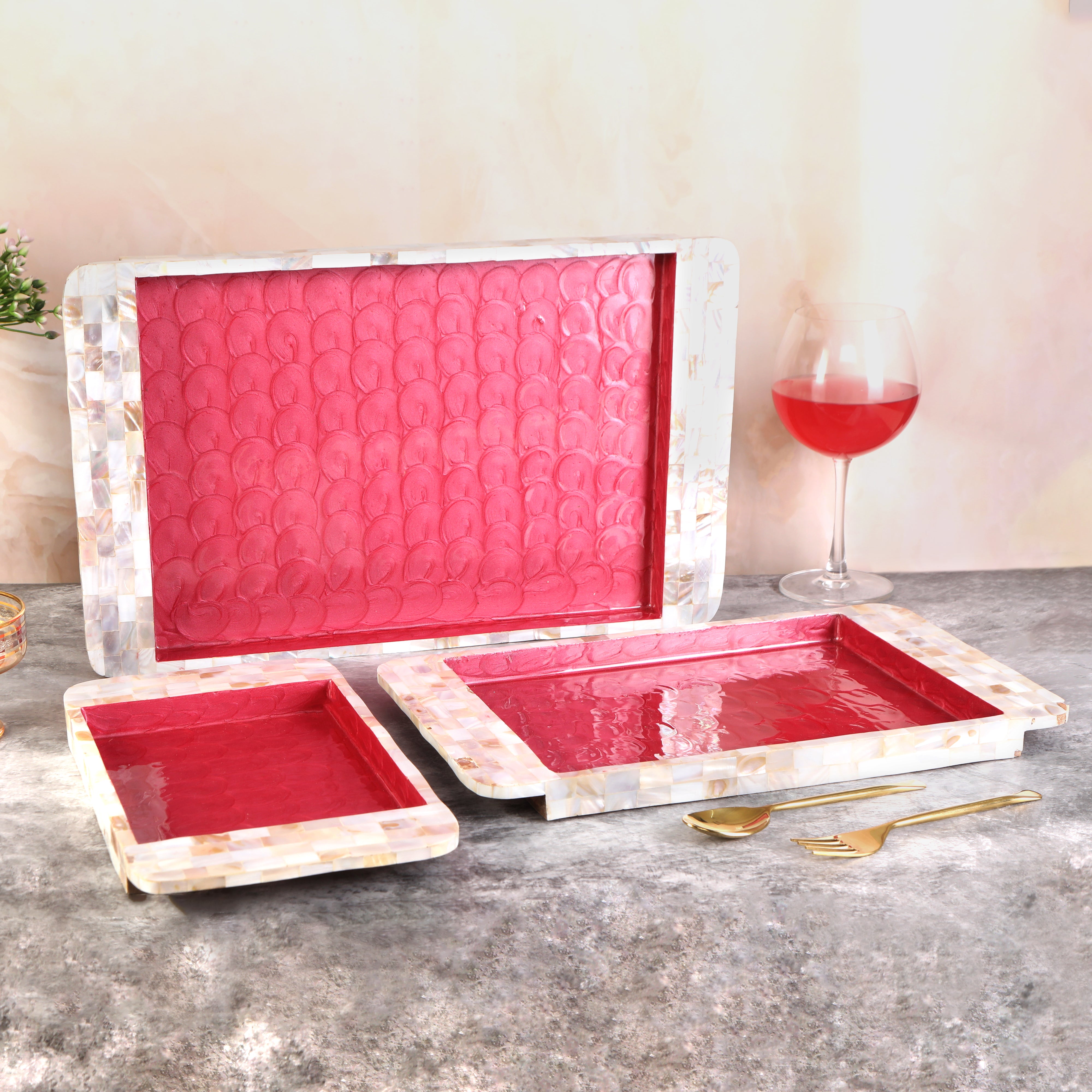 Tray Set Of 3 - Dark Pink Mother Of Pearl