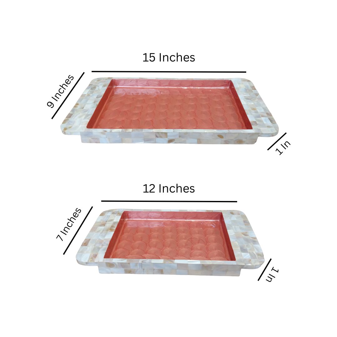 Rectangle Tray Set Of 2 - Wooden with White mother of pearl & Peach enamel