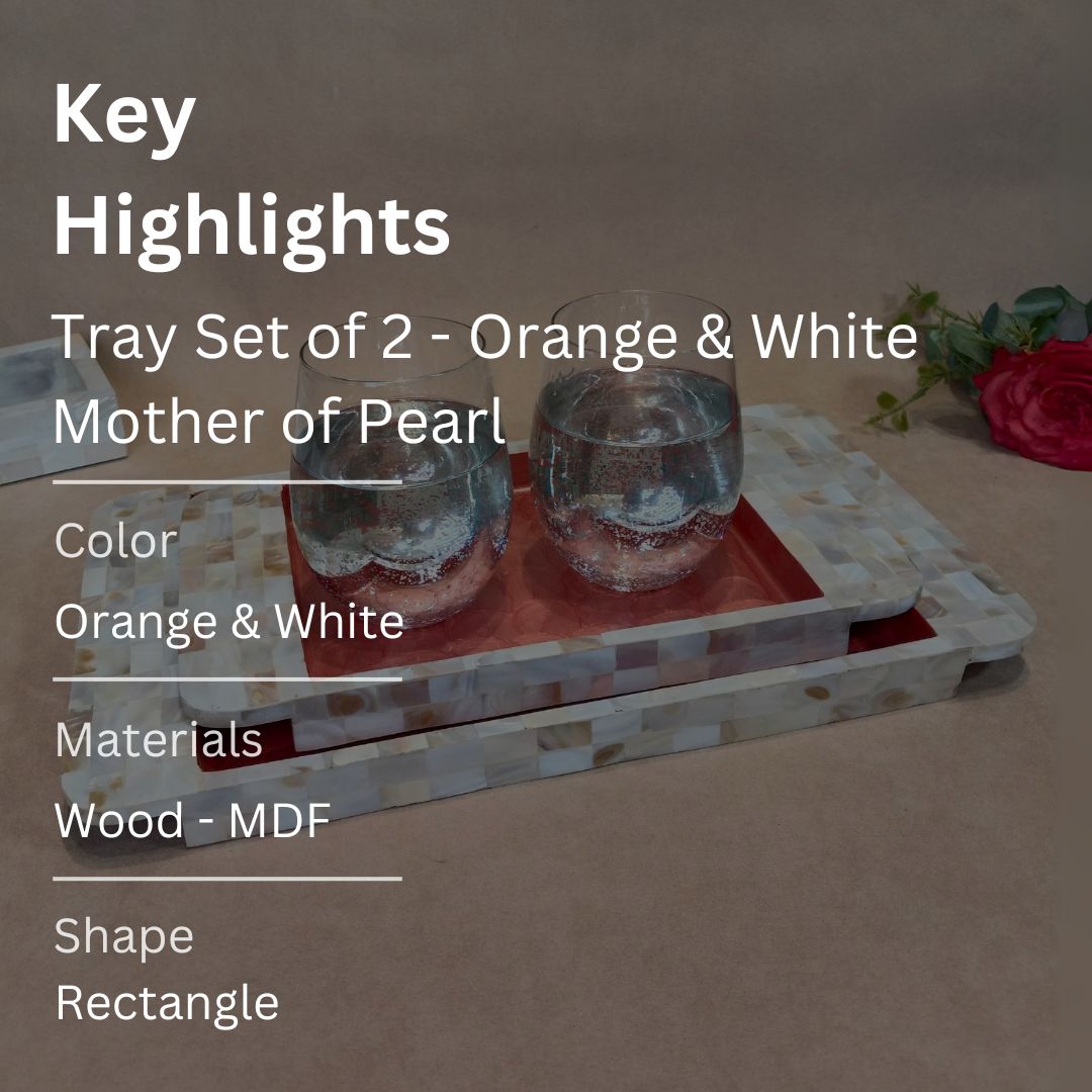 Rectangle Tray Set Of 2 - Wooden with White mother of pearl & Peach enamel