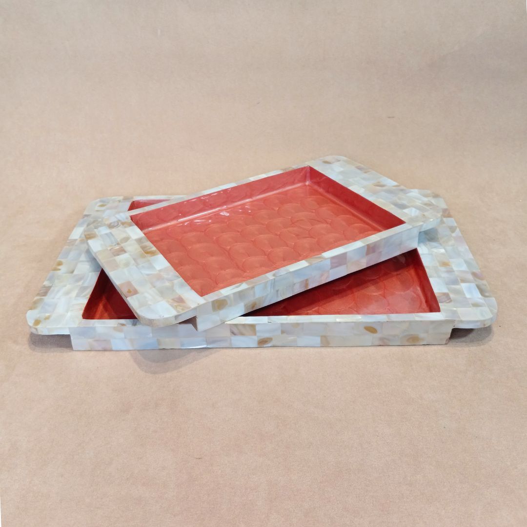 Rectangle Tray Set Of 2 - Wooden with White mother of pearl & Peach enamel