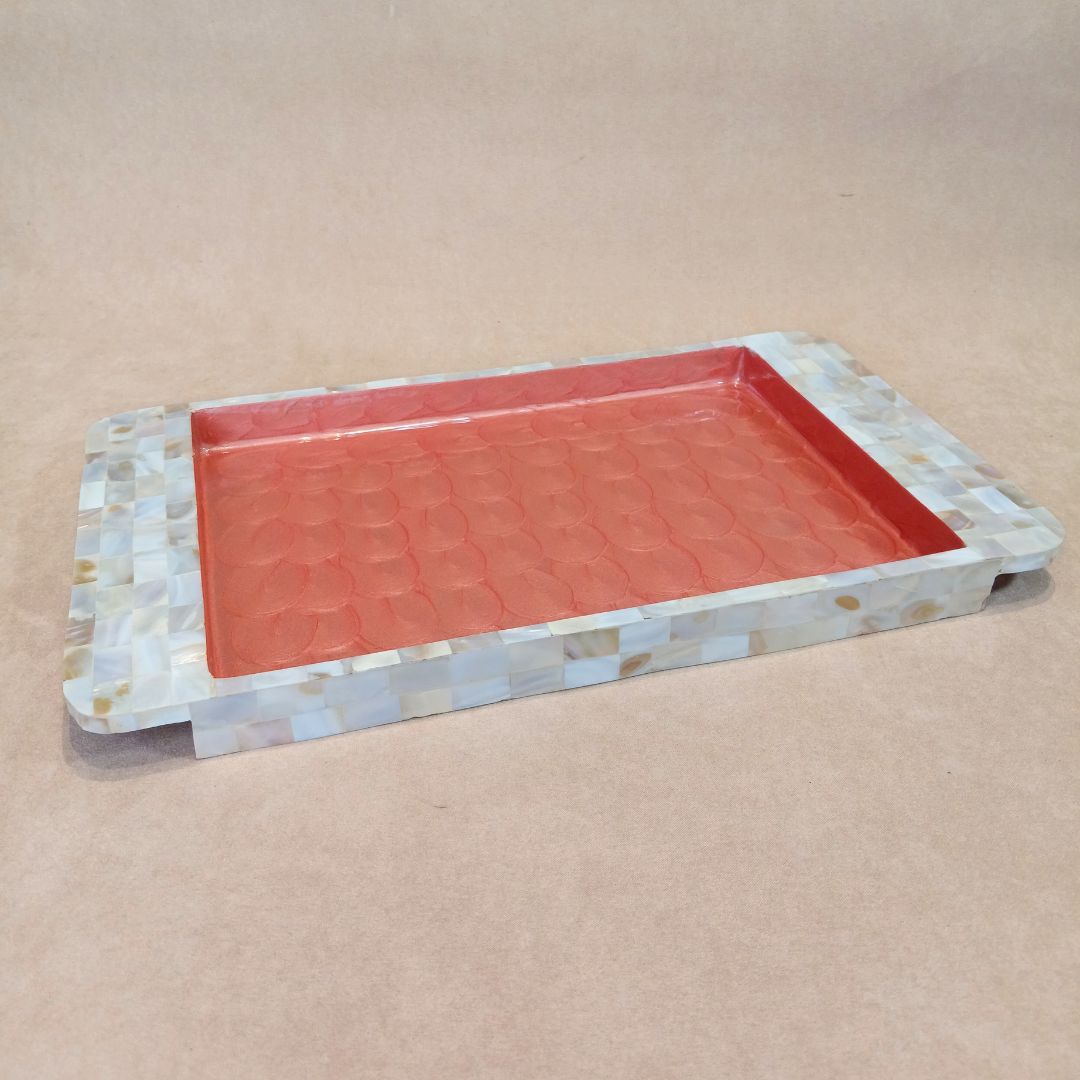 Rectangle Tray Set Of 2 - Wooden with White mother of pearl & Peach enamel