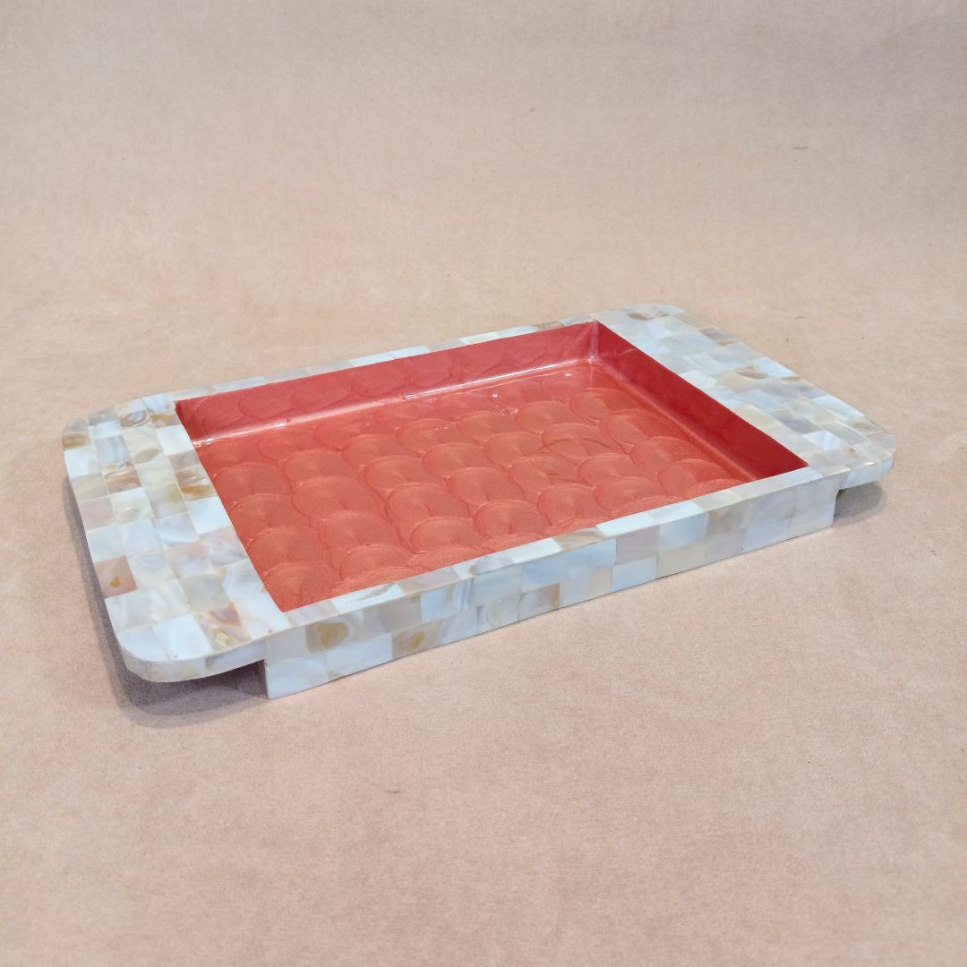 Rectangle Tray Set Of 2 - Wooden with White mother of pearl & Peach enamel