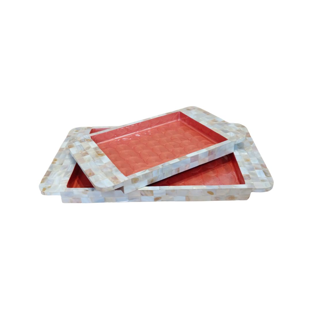 Rectangle Tray Set Of 2 - Wooden with White mother of pearl & Peach enamel