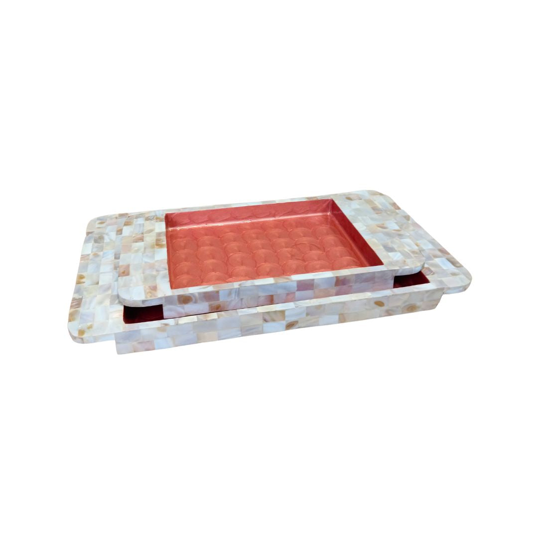 Rectangle Tray Set Of 2 - Wooden with White mother of pearl & Peach enamel