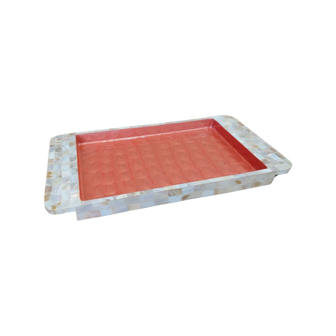 Rectangle Tray Set Of 2 - Wooden with White mother of pearl & Peach enamel