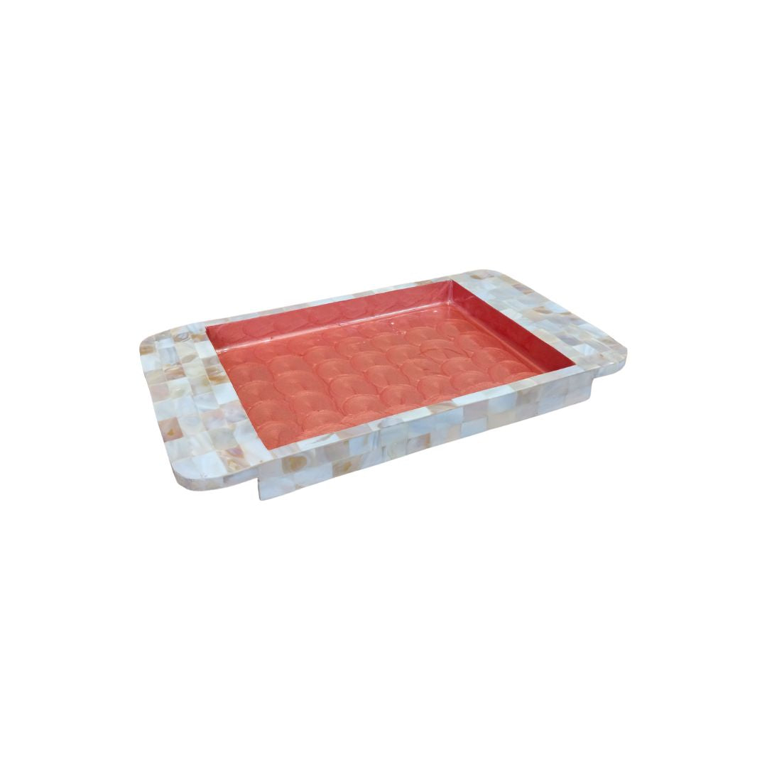 Rectangle Tray Set Of 2 - Wooden with White mother of pearl & Peach enamel