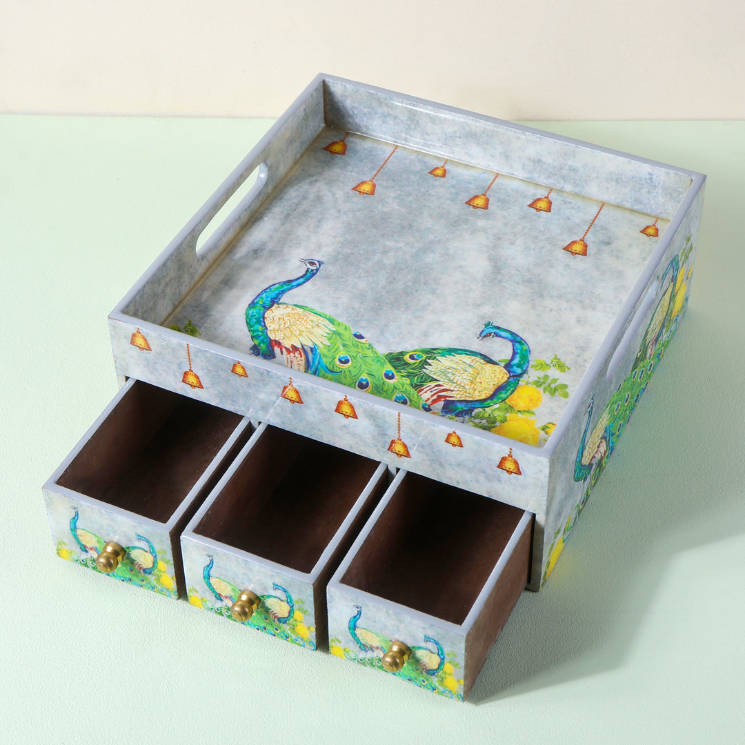 Single Tray - Grey Peacock With 3 Drawers 1- The Home Co.