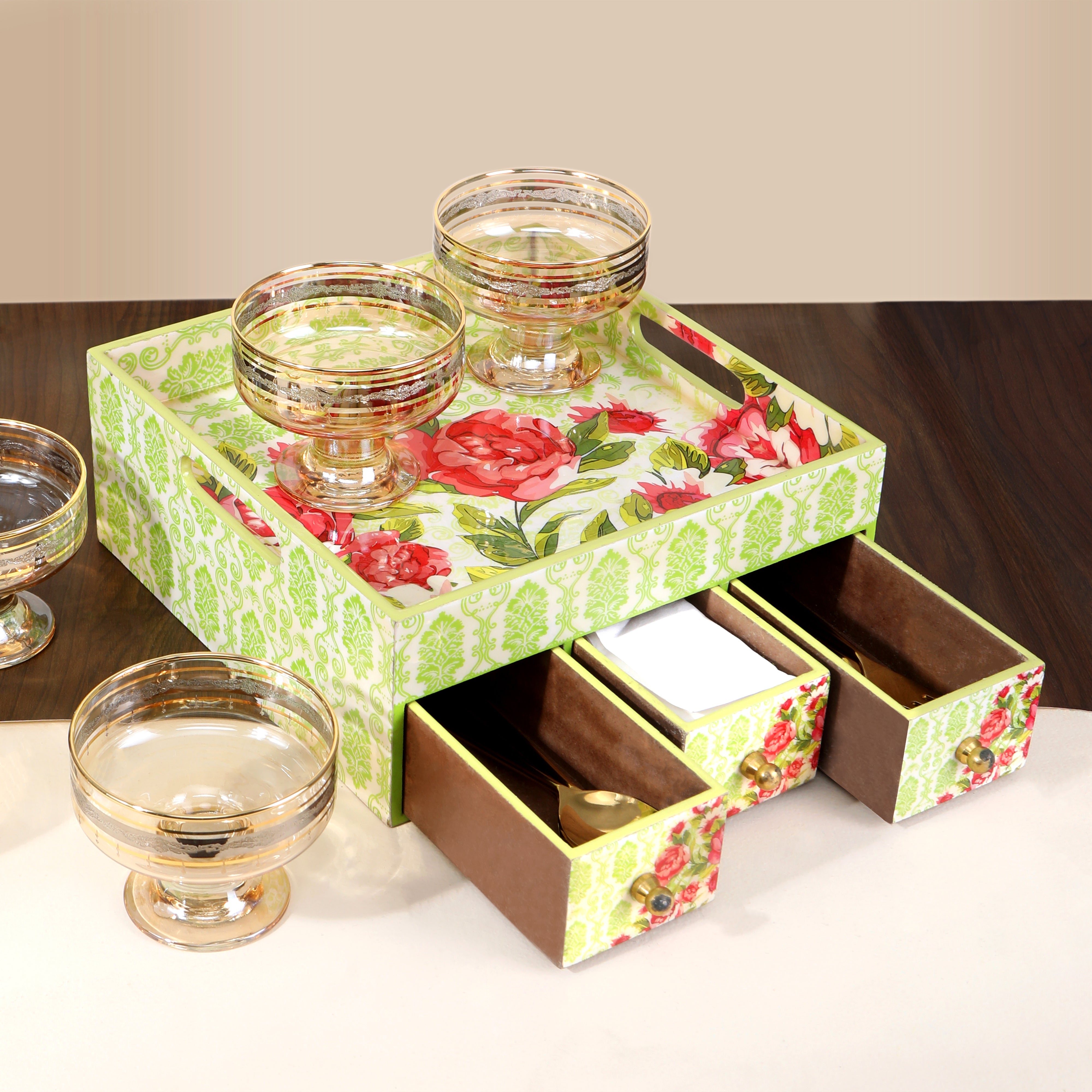 Single Tray - Green Rose With 3 Drawers - The Home Co.