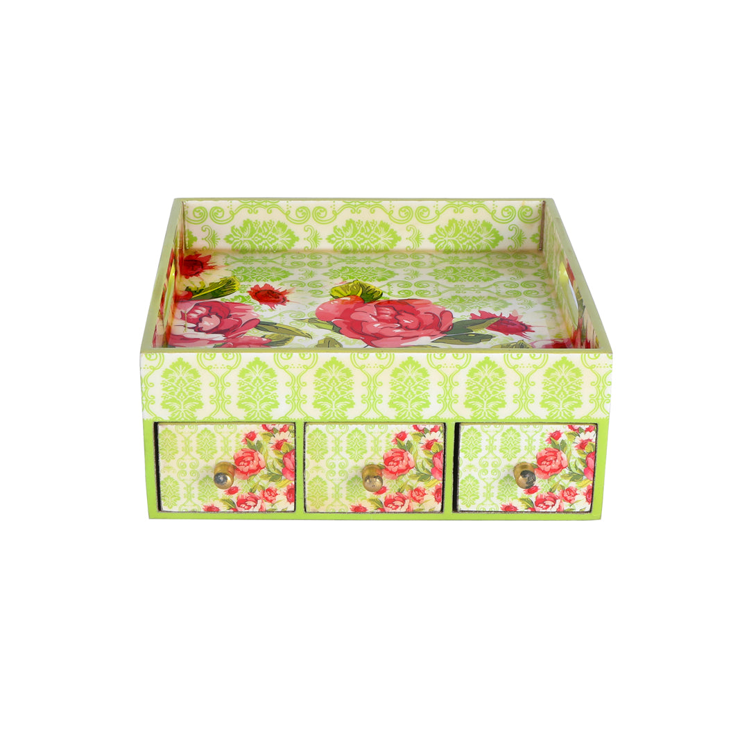 Single Tray - Green Rose With 3 Drawers 1- The Home Co.