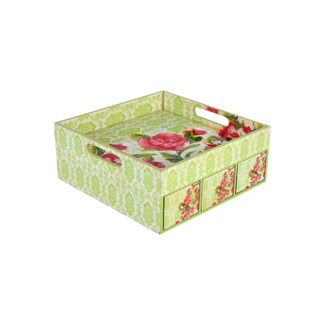 Single Tray - Green Rose With 3 Drawers 4- The Home Co.