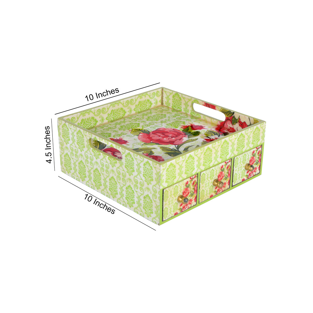 Single Tray - Green Rose With 3 Drawers 5- The Home Co.