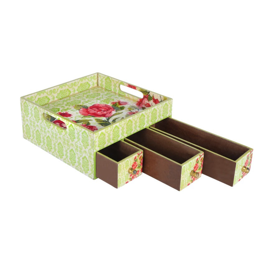 Single Tray - Green Rose With 3 Drawers 2- The Home Co.