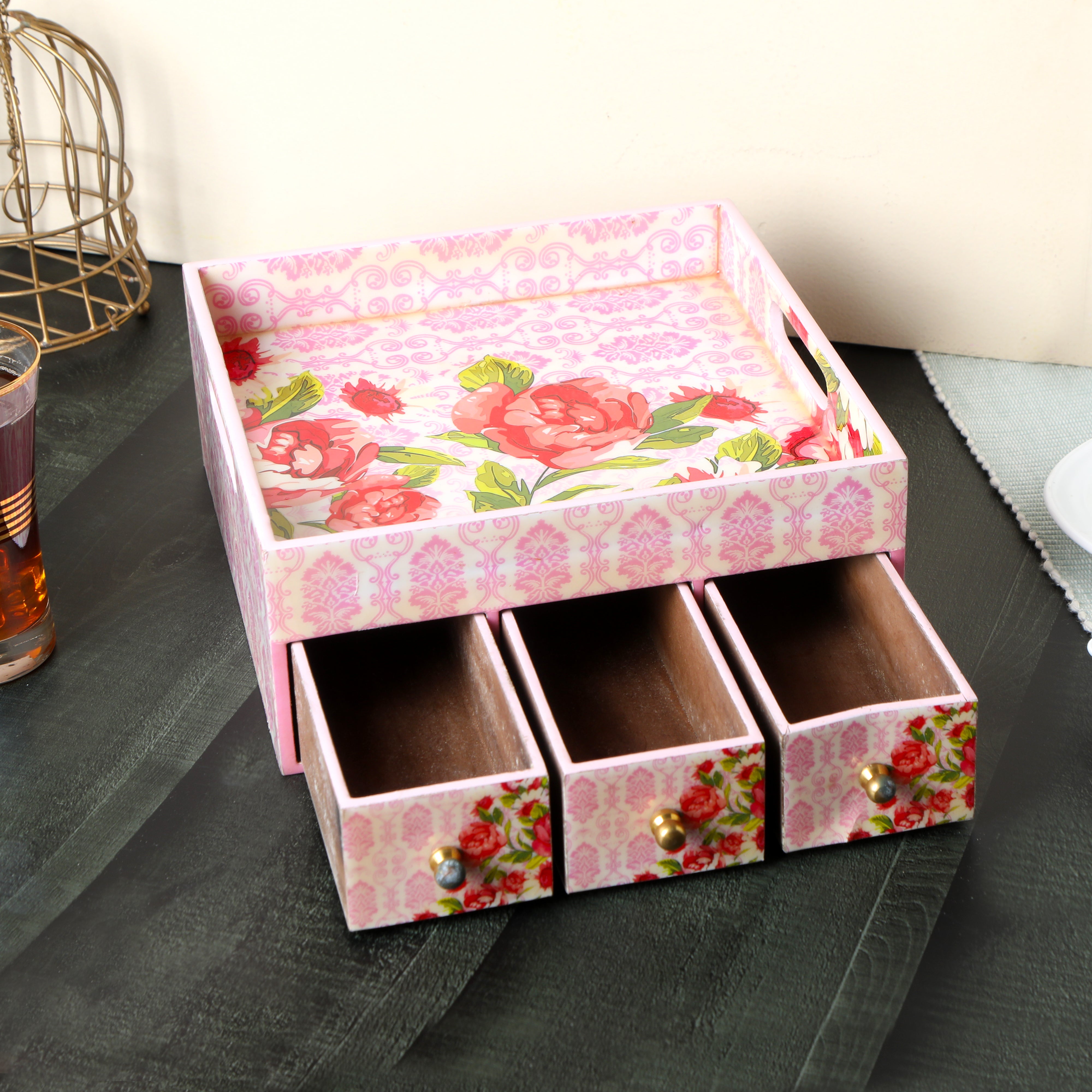 Single Tray - Pink Rose With 3 Drawers 1- The Home Co.