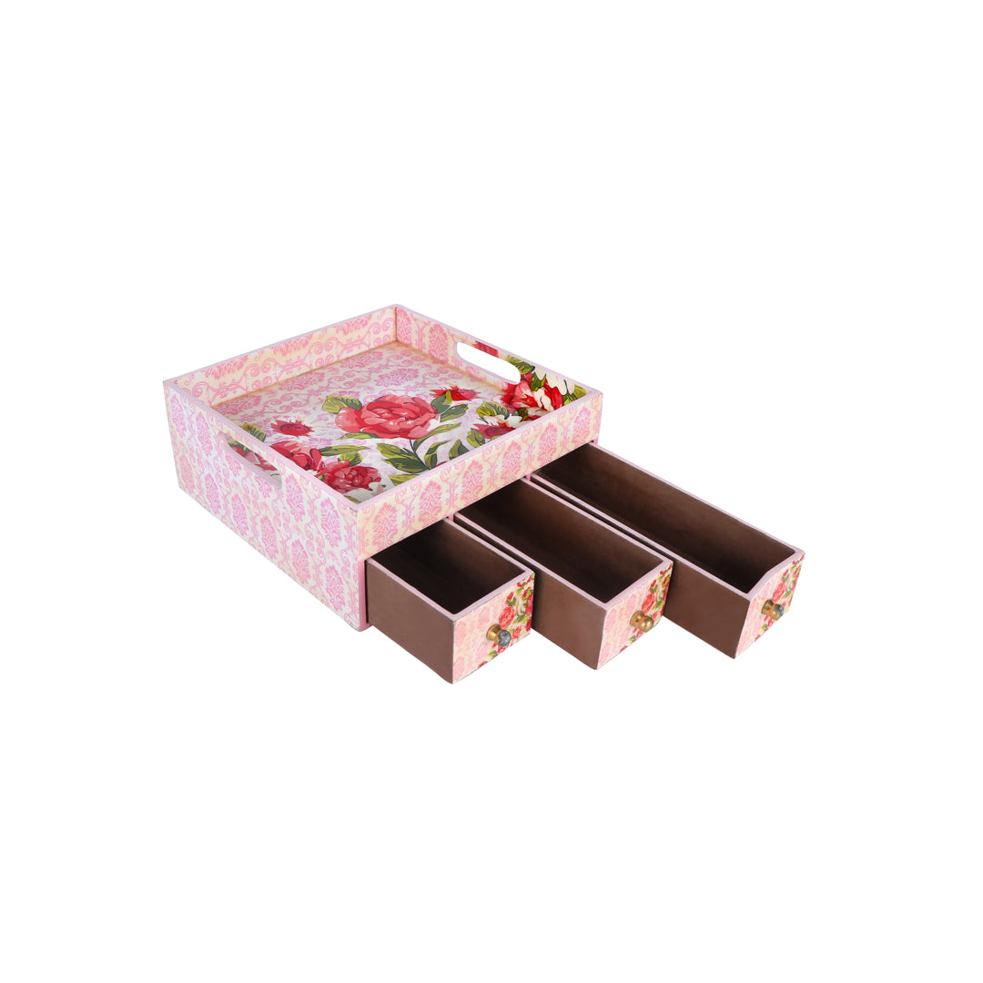 Single Tray - Pink Rose With 3 Drawers 4- The Home Co.