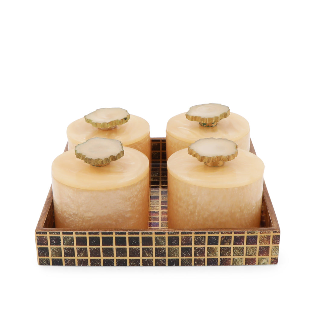 Resin Jar Set With Brown Checks Tray - 4 Jars